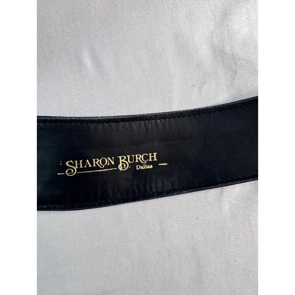 Vintage Sharon Burch Dallas Black Leather Suede Wide Belt Gold Buckle 28-34